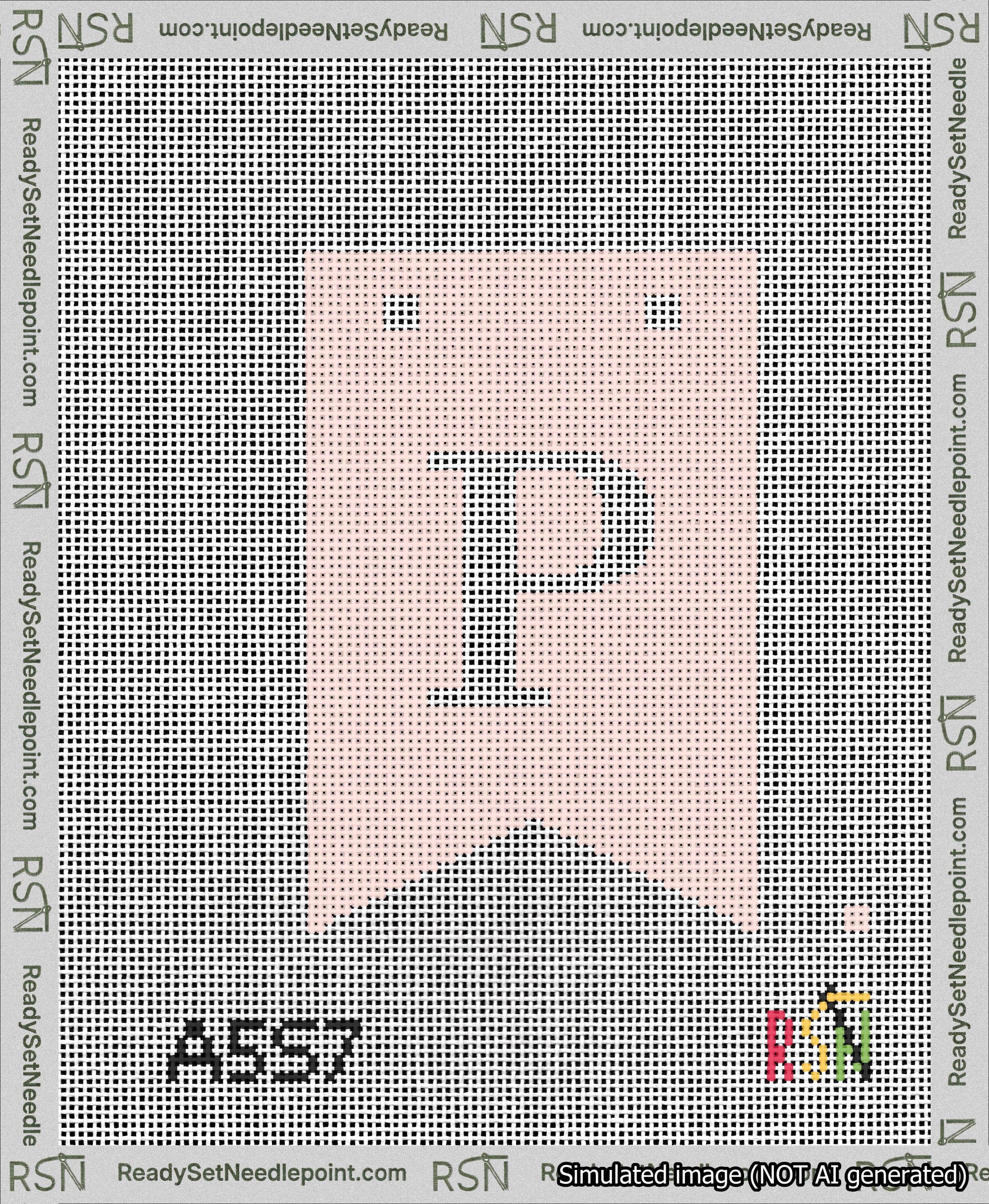 A taped needlepoint canvas with the design: Banner 13 mesh count Forked P White on Pink.