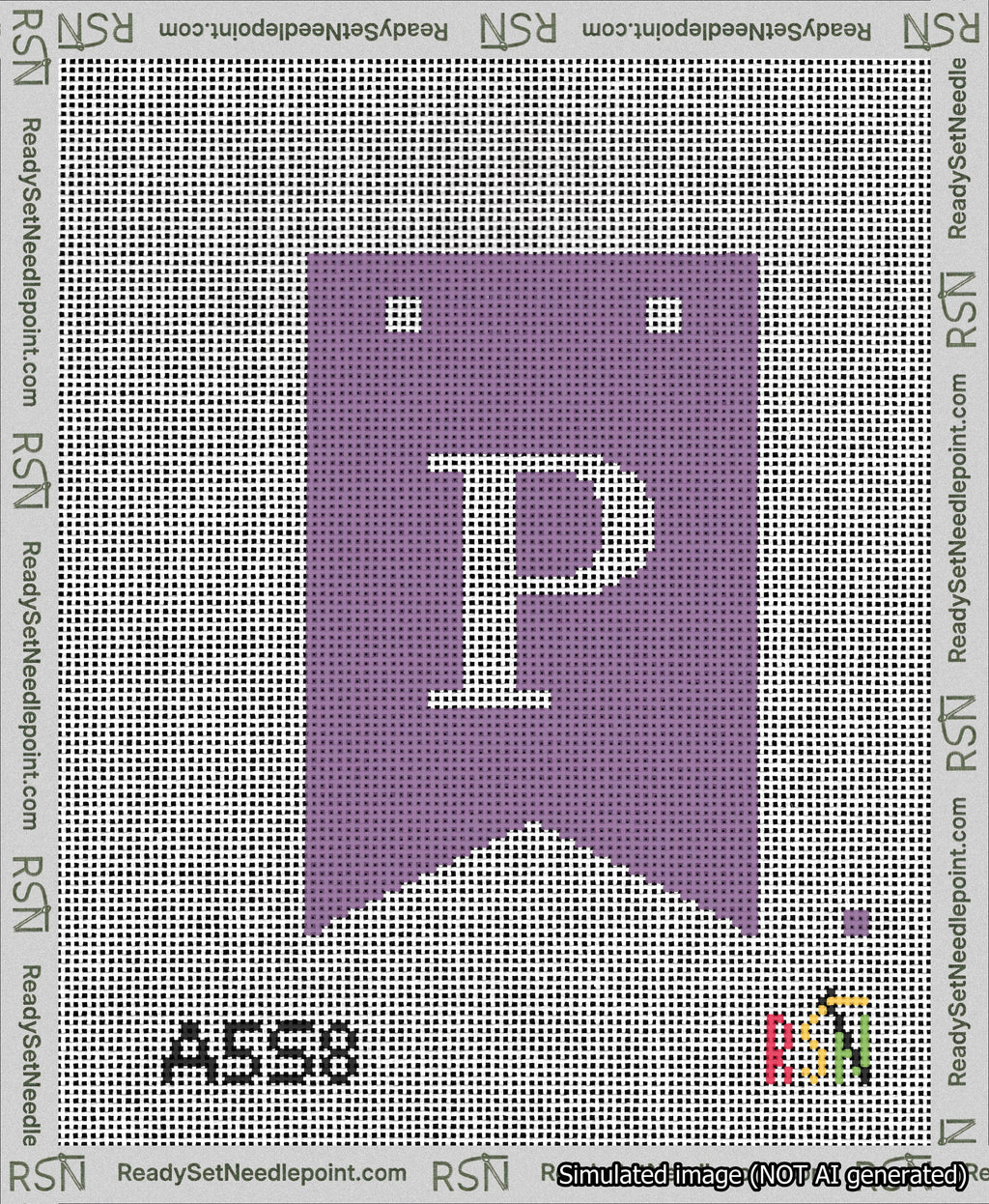 A taped needlepoint canvas with the design: Banner 13 mesh count Forked P White on Purple.