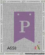 A taped needlepoint canvas with the design: Banner 13 mesh count Forked P White on Purple.