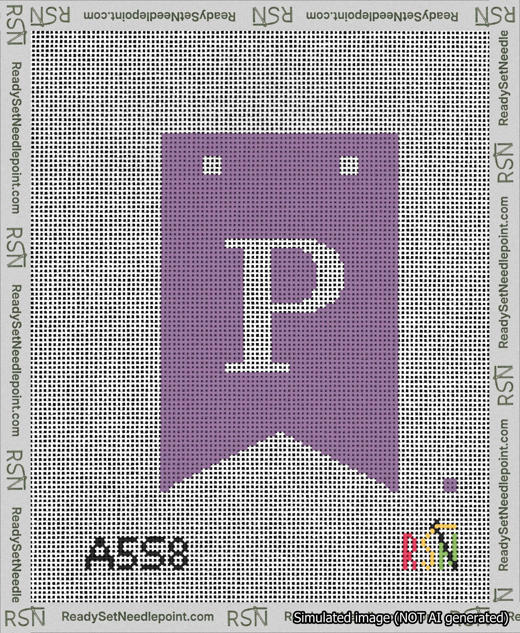 A taped needlepoint canvas with the design: Banner 13 mesh count Forked P White on Purple.