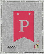 A taped needlepoint canvas with the design: Banner 13 mesh count Forked P White on Red.
