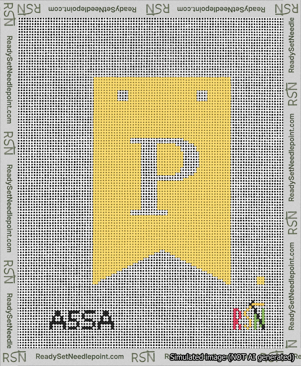 A taped needlepoint canvas with the design: Banner 13 mesh count Forked P White on Yellow.