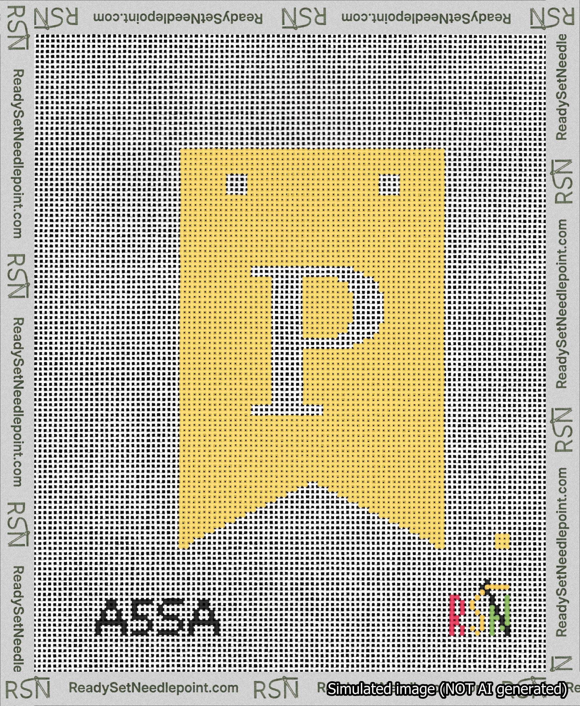 A taped needlepoint canvas with the design: Banner 13 mesh count Forked P White on Yellow.