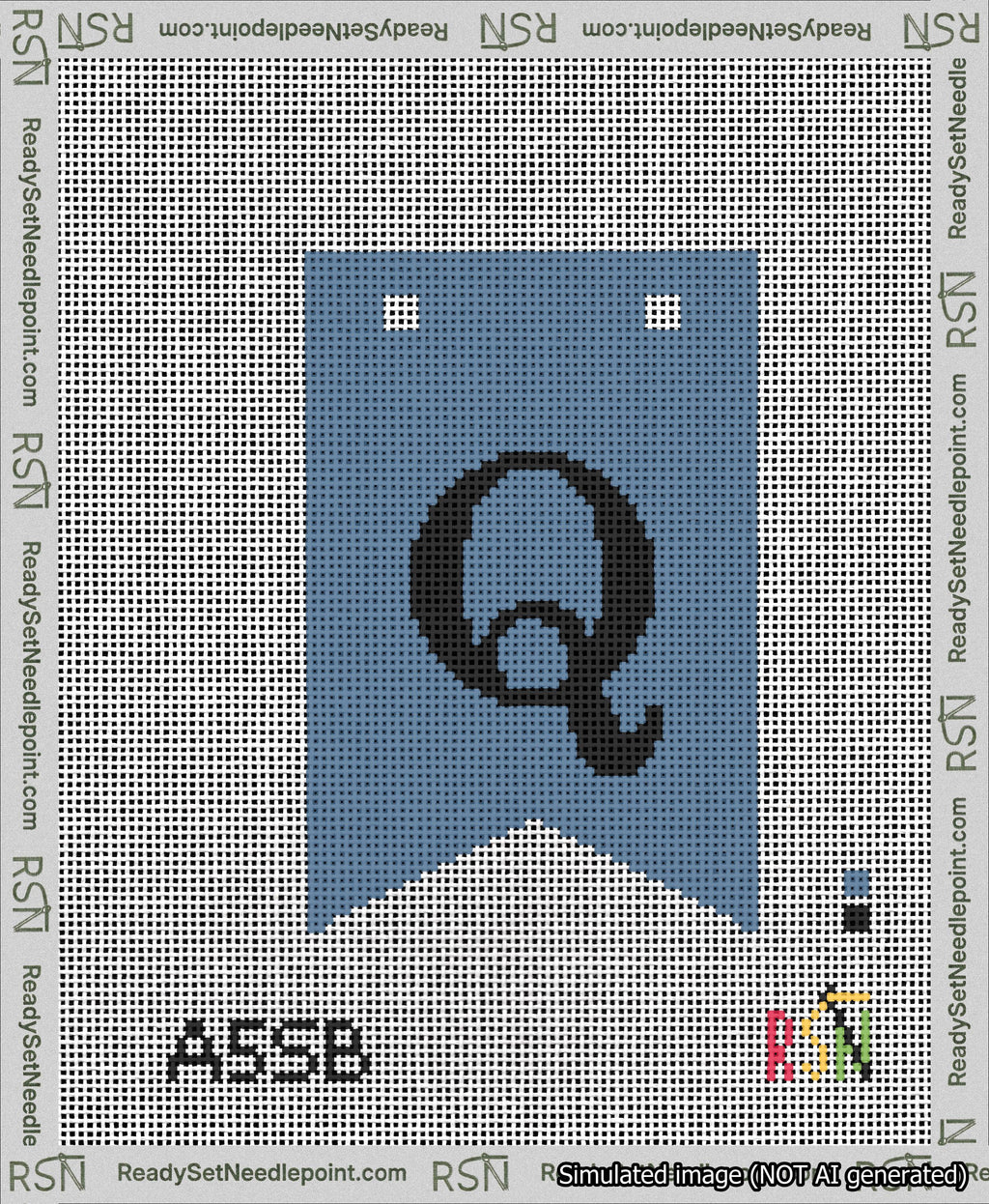 A taped needlepoint canvas with the design: Banner 13 mesh count Forked Q Black on Blue.