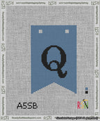 A taped needlepoint canvas with the design: Banner 13 mesh count Forked Q Black on Blue.
