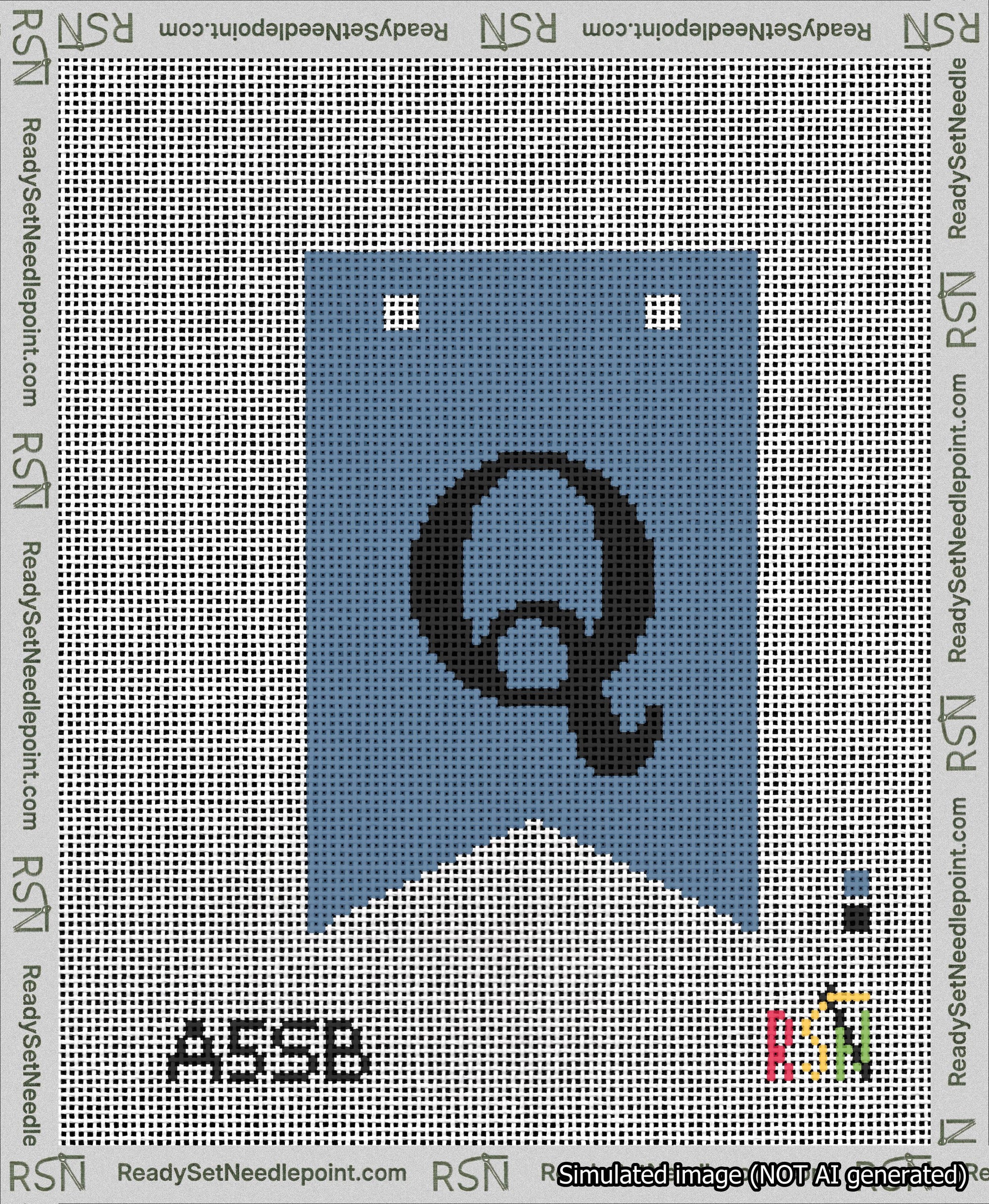 A taped needlepoint canvas with the design: Banner 13 mesh count Forked Q Black on Blue.