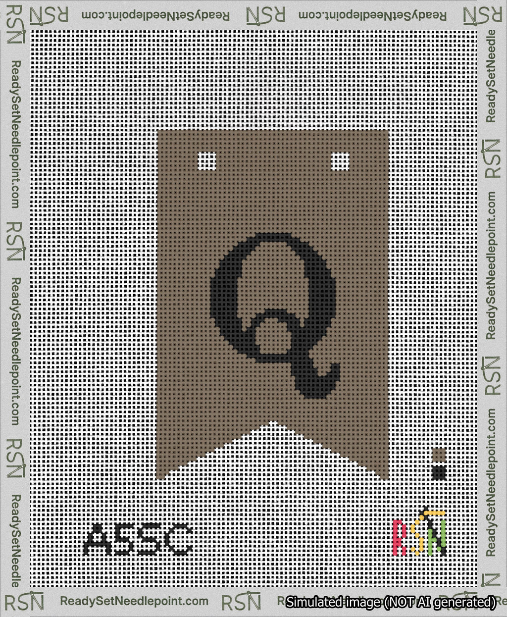 A taped needlepoint canvas with the design: Banner 13 mesh count Forked Q Black on Brown.
