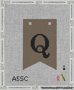 A taped needlepoint canvas with the design: Banner 13 mesh count Forked Q Black on Brown.