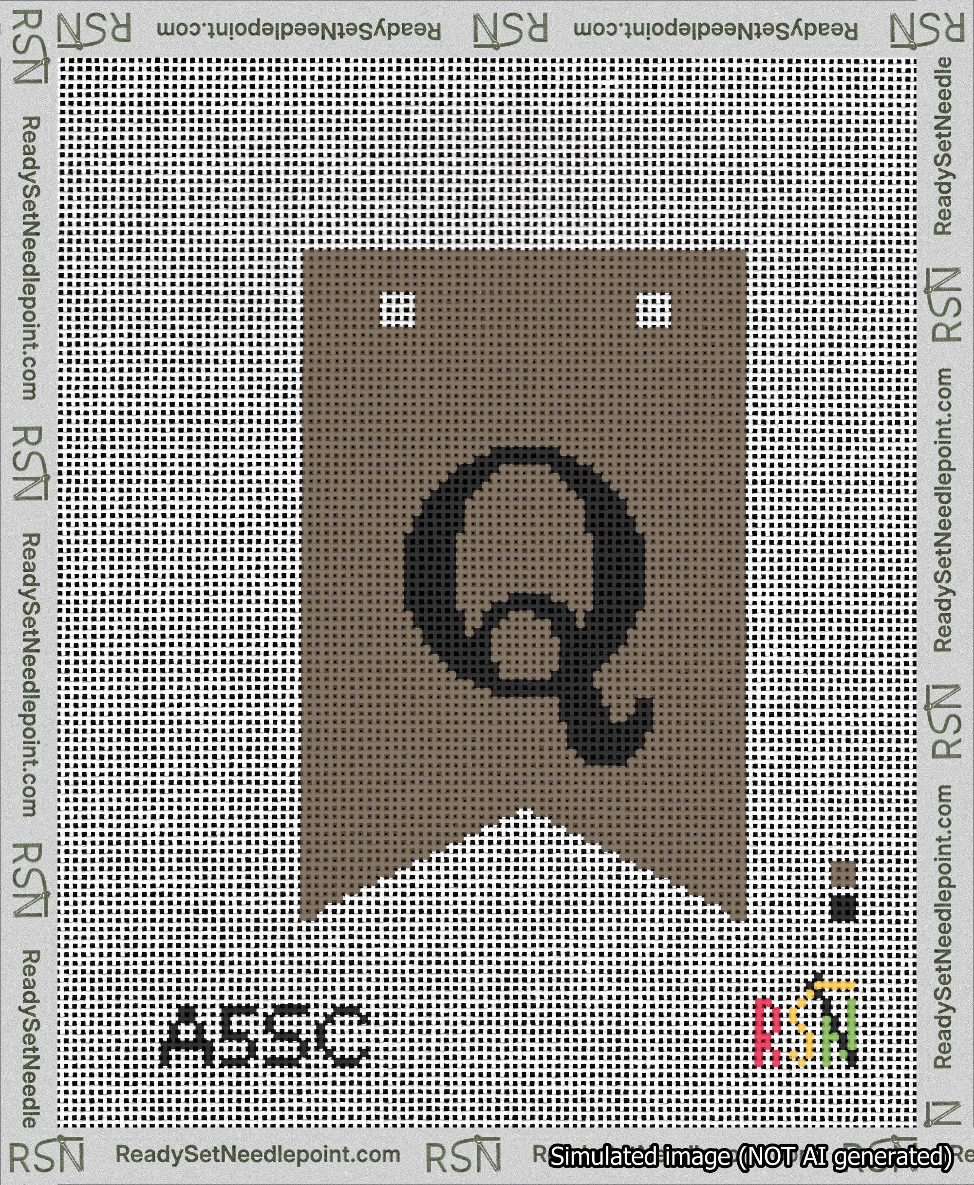 A taped needlepoint canvas with the design: Banner 13 mesh count Forked Q Black on Brown.