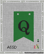 A taped needlepoint canvas with the design: Banner 13 mesh count Forked Q Black on Green.