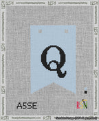 A taped needlepoint canvas with the design: Banner 13 mesh count Forked Q Black on Light Blue.