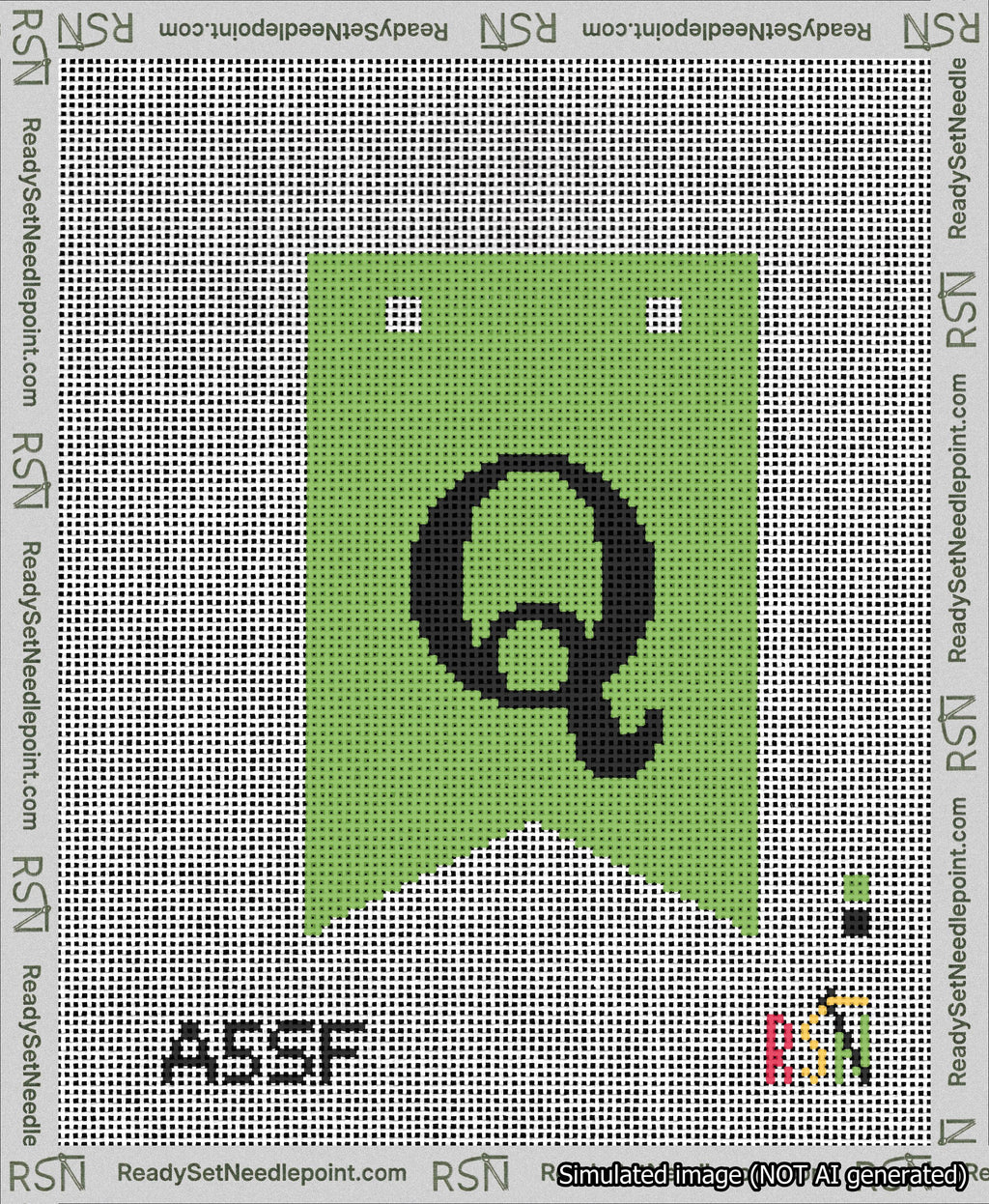 A taped needlepoint canvas with the design: Banner 13 mesh count Forked Q Black on Light Green.