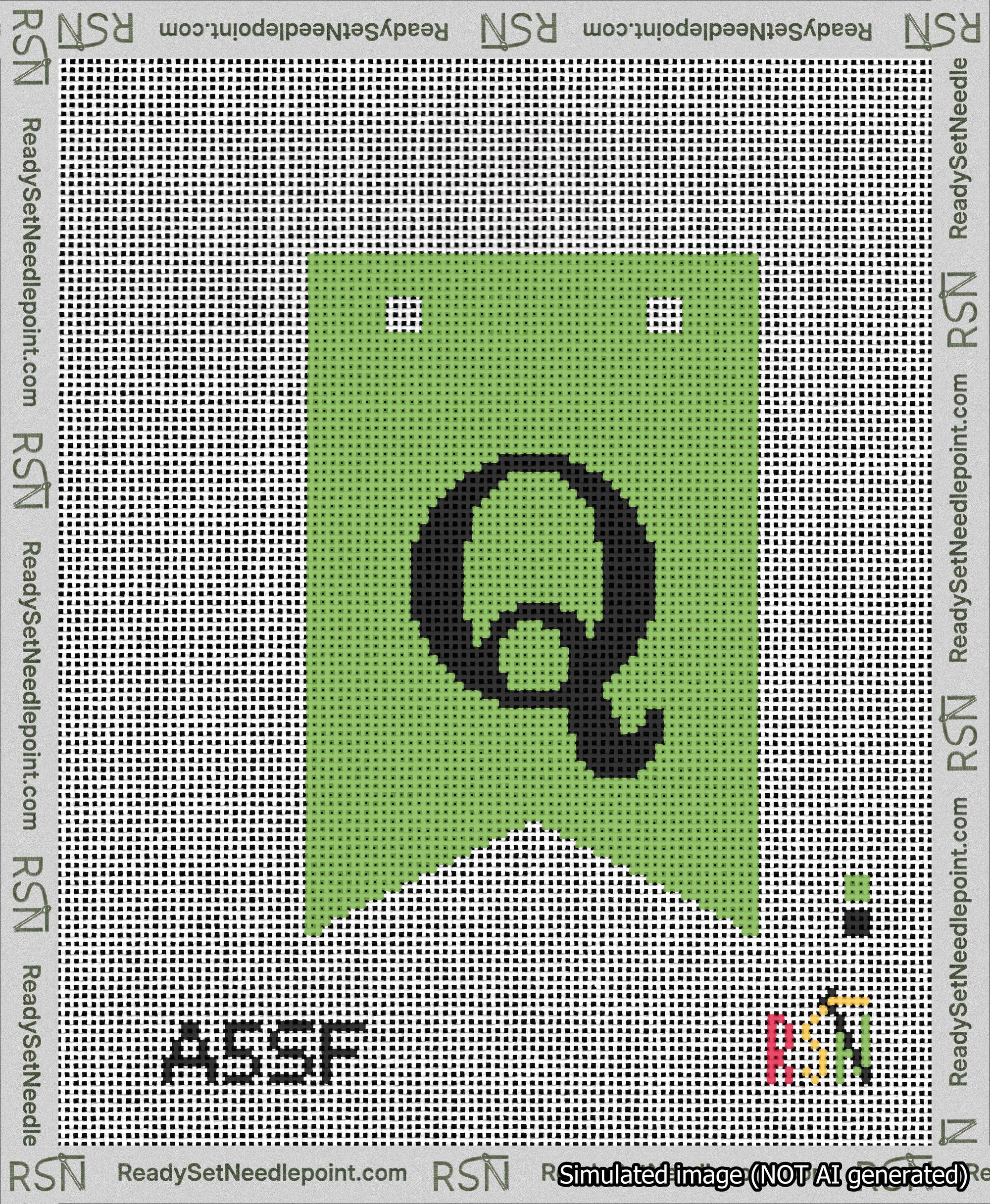 A taped needlepoint canvas with the design: Banner 13 mesh count Forked Q Black on Light Green.