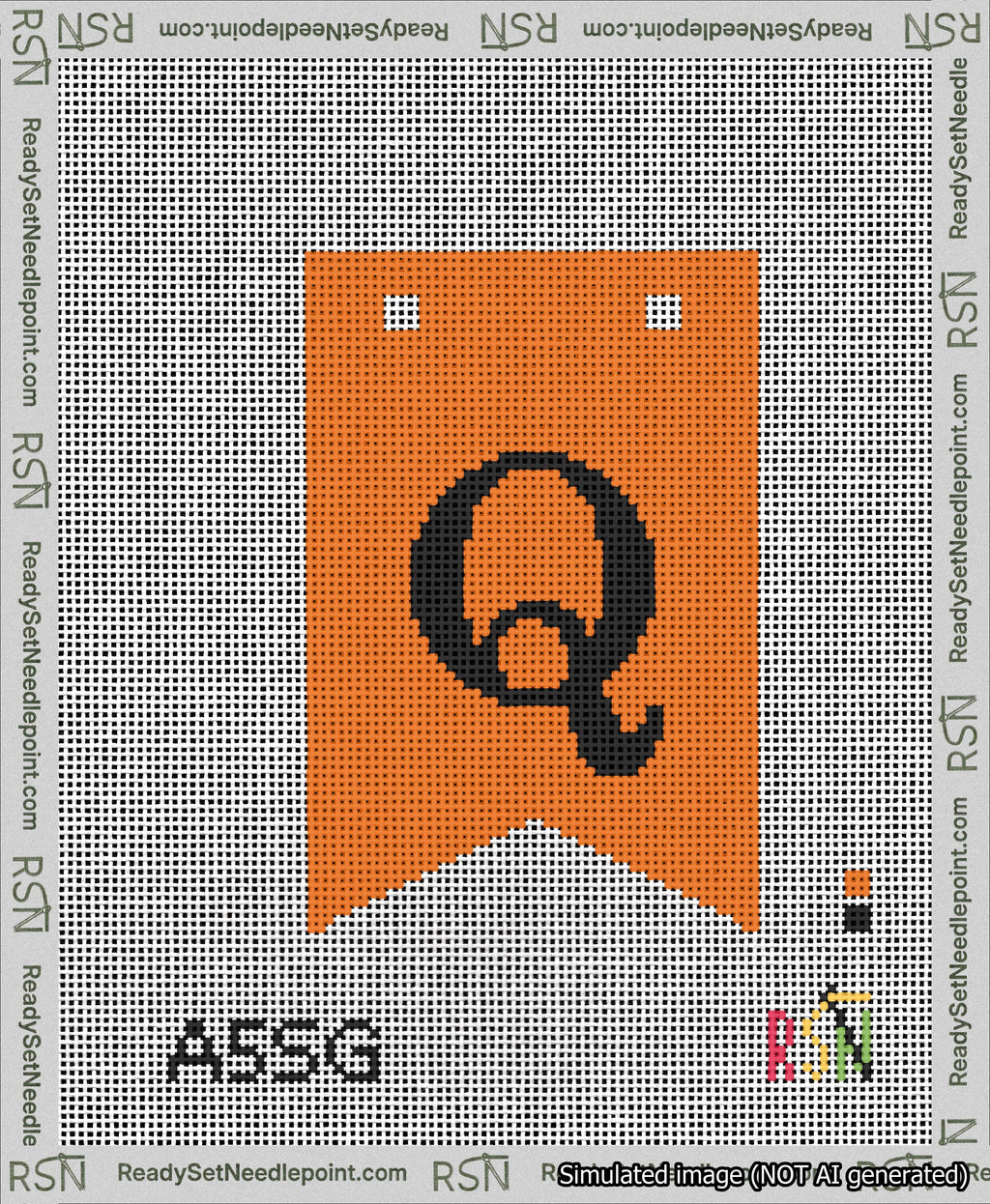 A taped needlepoint canvas with the design: Banner 13 mesh count Forked Q Black on Orange.