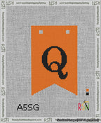 A taped needlepoint canvas with the design: Banner 13 mesh count Forked Q Black on Orange.