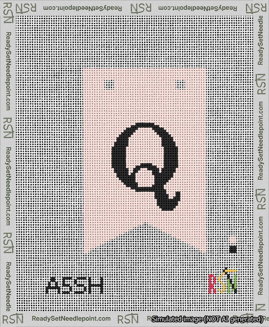 A taped needlepoint canvas with the design: Banner 13 mesh count Forked Q Black on Pink.