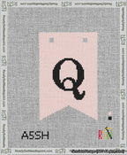 A taped needlepoint canvas with the design: Banner 13 mesh count Forked Q Black on Pink.