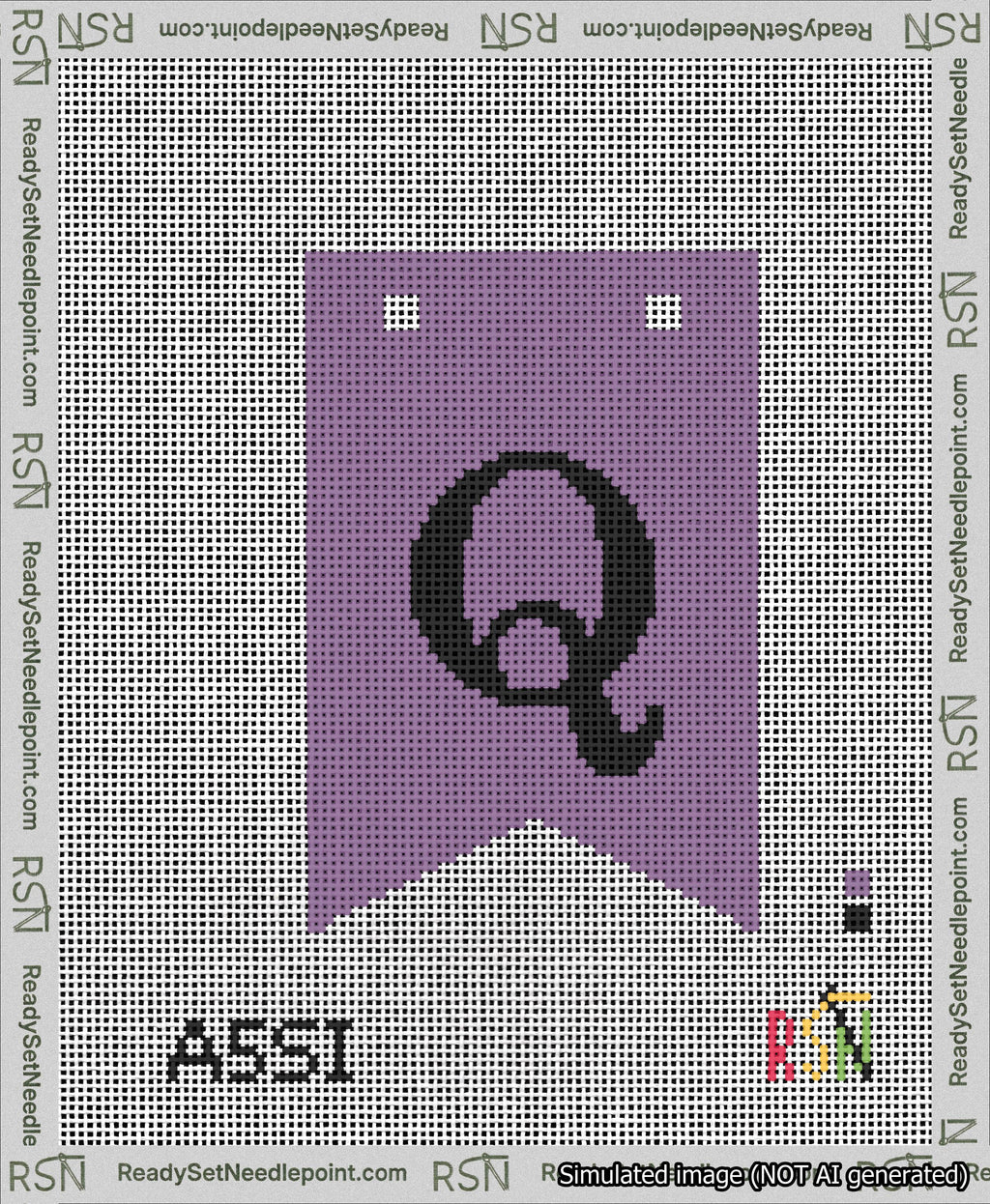A taped needlepoint canvas with the design: Banner 13 mesh count Forked Q Black on Purple.