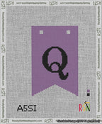 A taped needlepoint canvas with the design: Banner 13 mesh count Forked Q Black on Purple.