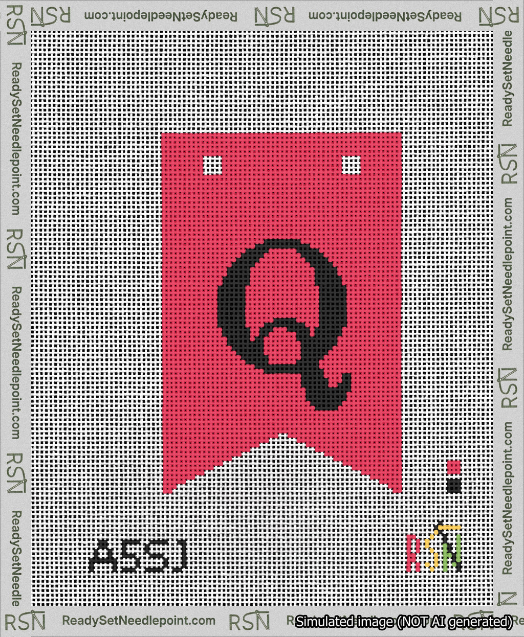 A taped needlepoint canvas with the design: Banner 13 mesh count Forked Q Black on Red.