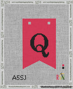 A taped needlepoint canvas with the design: Banner 13 mesh count Forked Q Black on Red.