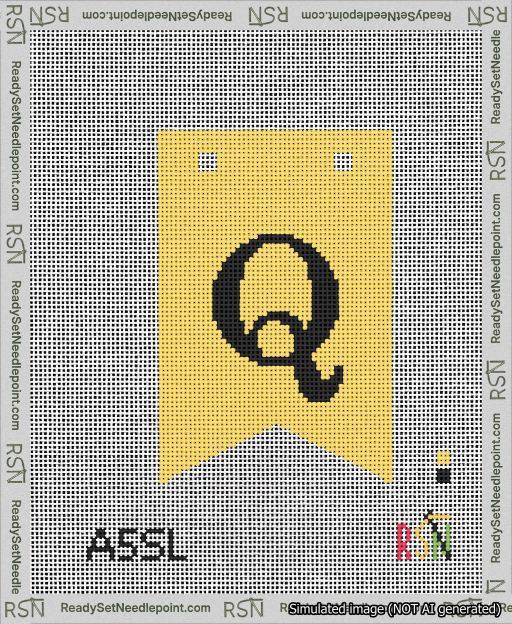 A taped needlepoint canvas with the design: Banner 13 mesh count Forked Q Black on Yellow.