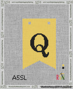 A taped needlepoint canvas with the design: Banner 13 mesh count Forked Q Black on Yellow.