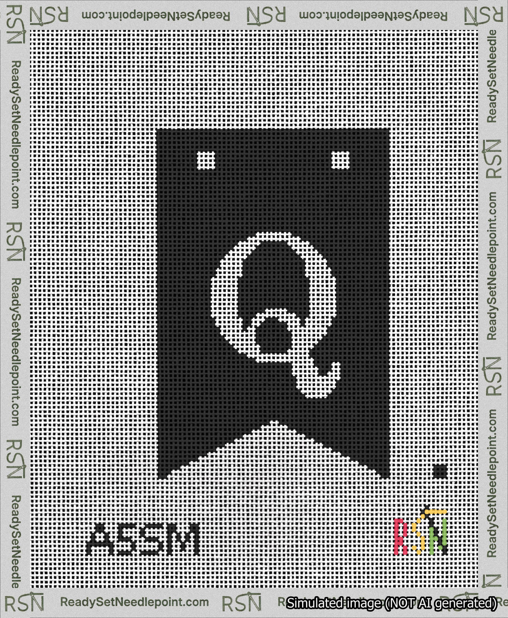 A taped needlepoint canvas with the design: Banner 13 mesh count Forked Q White on Black.