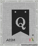 A taped needlepoint canvas with the design: Banner 13 mesh count Forked Q White on Black.
