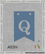 A taped needlepoint canvas with the design: Banner 13 mesh count Forked Q White on Blue.