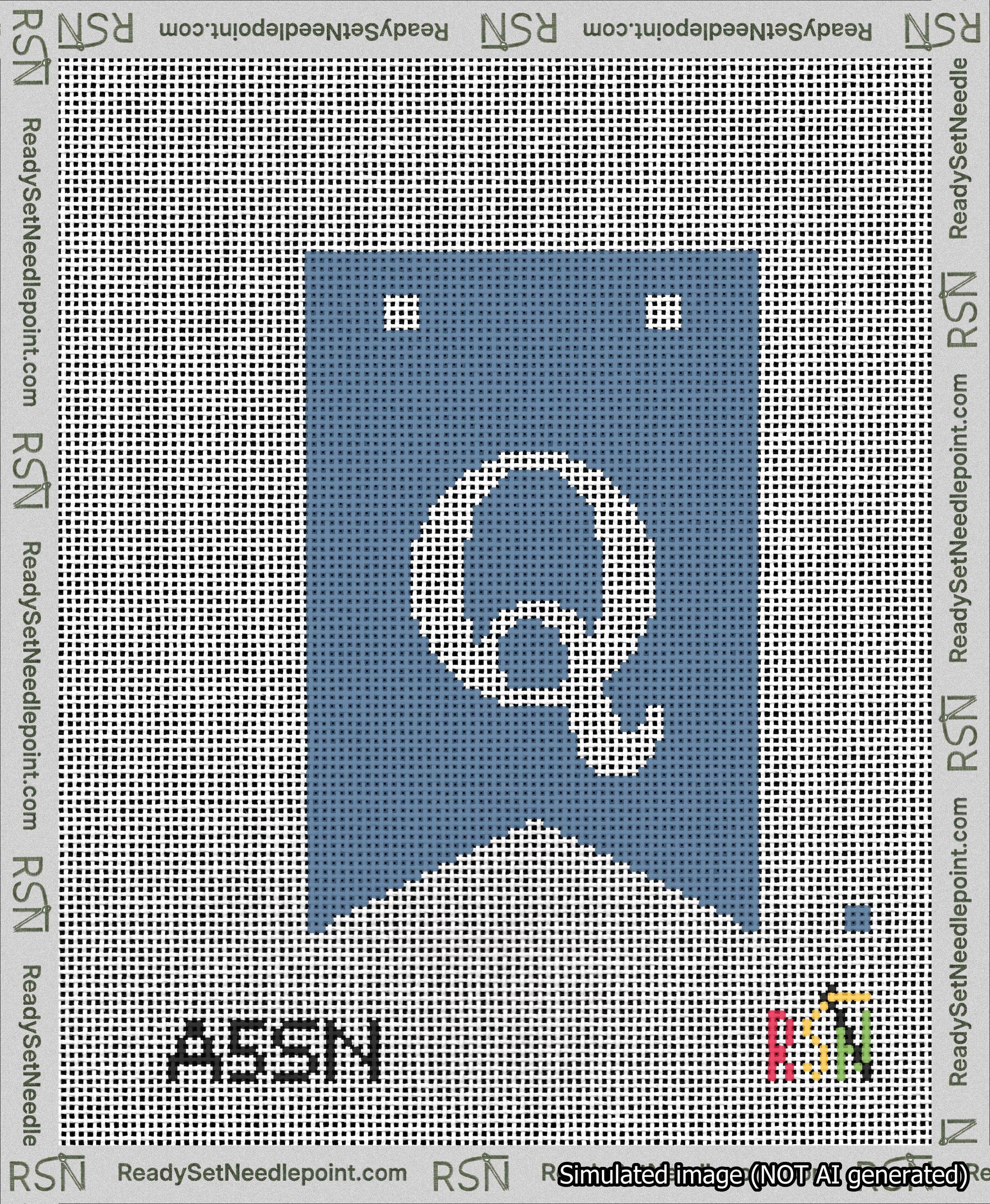 A taped needlepoint canvas with the design: Banner 13 mesh count Forked Q White on Blue.