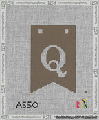 A taped needlepoint canvas with the design: Banner 13 mesh count Forked Q White on Brown.