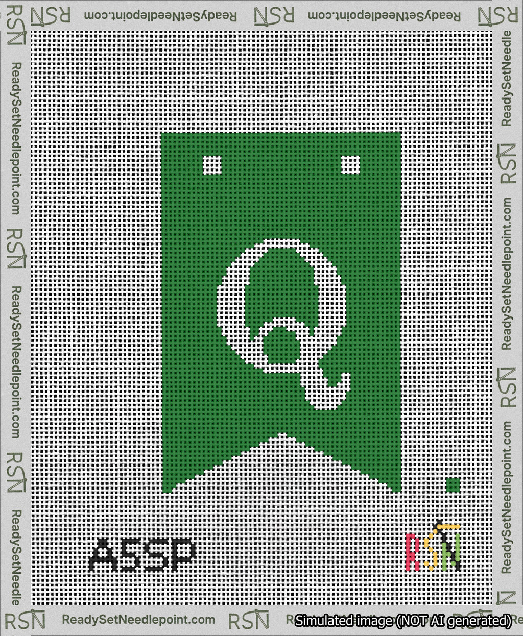 A taped needlepoint canvas with the design: Banner 13 mesh count Forked Q White on Green.