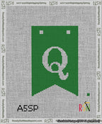 A taped needlepoint canvas with the design: Banner 13 mesh count Forked Q White on Green.