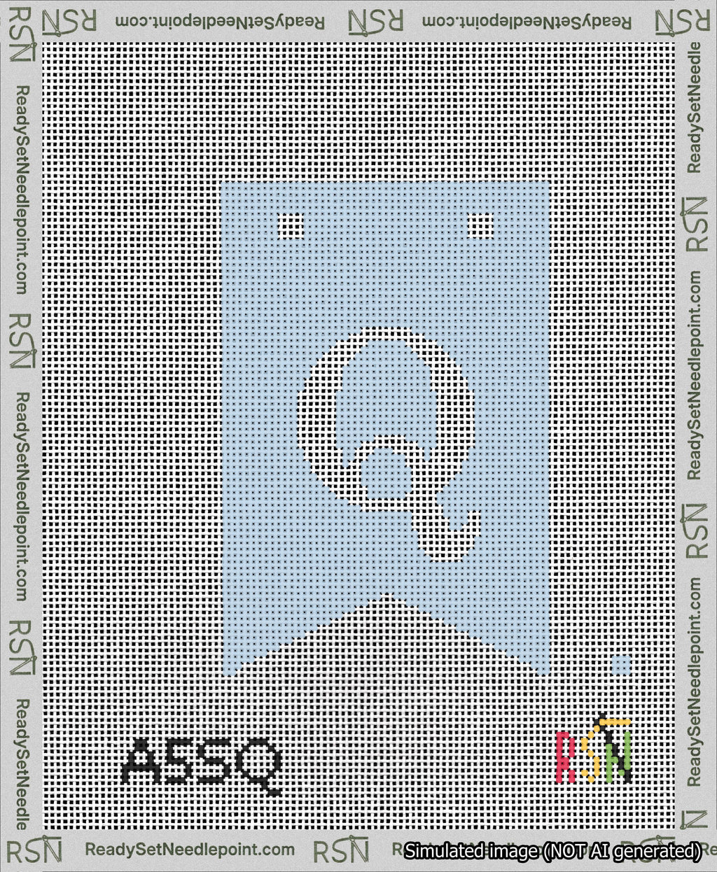 A taped needlepoint canvas with the design: Banner 13 mesh count Forked Q White on Light Blue.