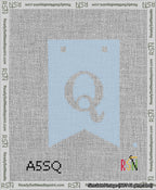 A taped needlepoint canvas with the design: Banner 13 mesh count Forked Q White on Light Blue.