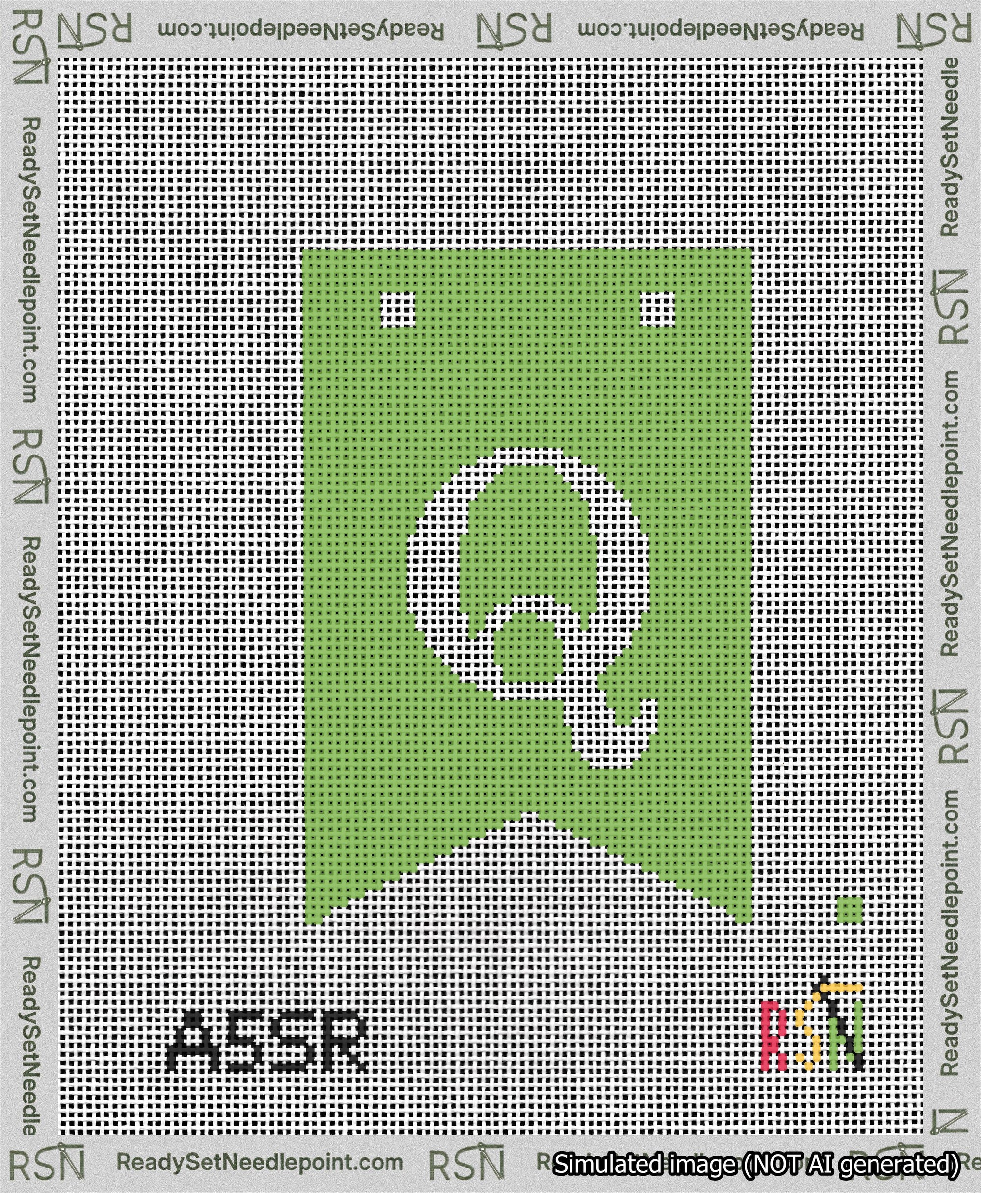 A taped needlepoint canvas with the design: Banner 13 mesh count Forked Q White on Light Green.