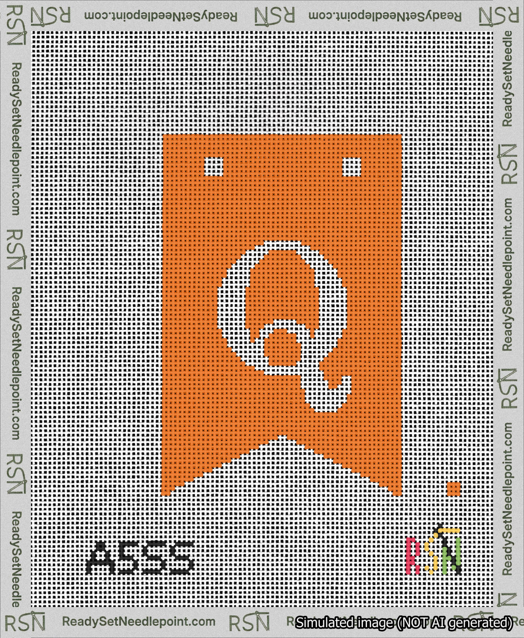 A taped needlepoint canvas with the design: Banner 13 mesh count Forked Q White on Orange.