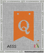 A taped needlepoint canvas with the design: Banner 13 mesh count Forked Q White on Orange.