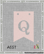 A taped needlepoint canvas with the design: Banner 13 mesh count Forked Q White on Pink.