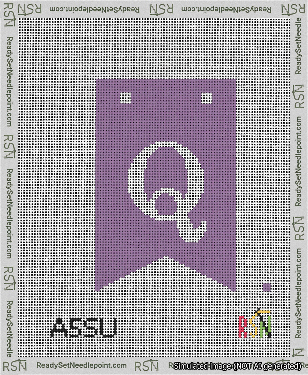 A taped needlepoint canvas with the design: Banner 13 mesh count Forked Q White on Purple.