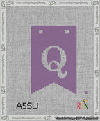 A taped needlepoint canvas with the design: Banner 13 mesh count Forked Q White on Purple.