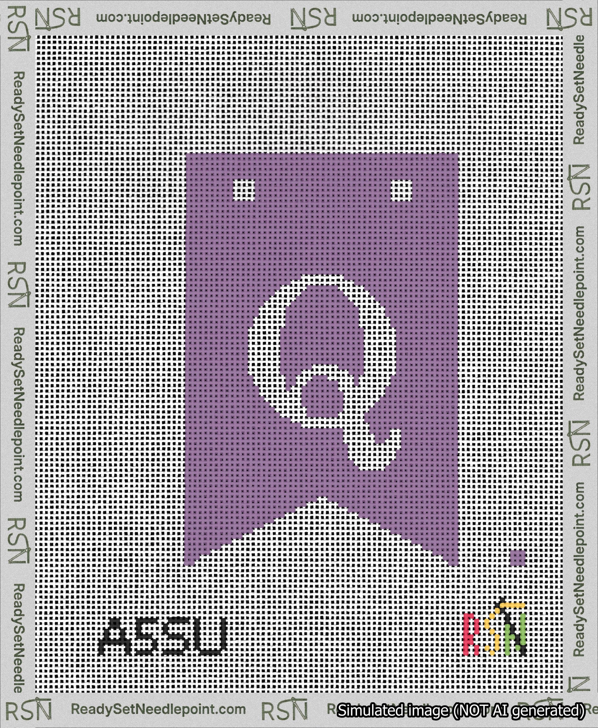 A taped needlepoint canvas with the design: Banner 13 mesh count Forked Q White on Purple.
