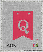 A taped needlepoint canvas with the design: Banner 13 mesh count Forked Q White on Red.