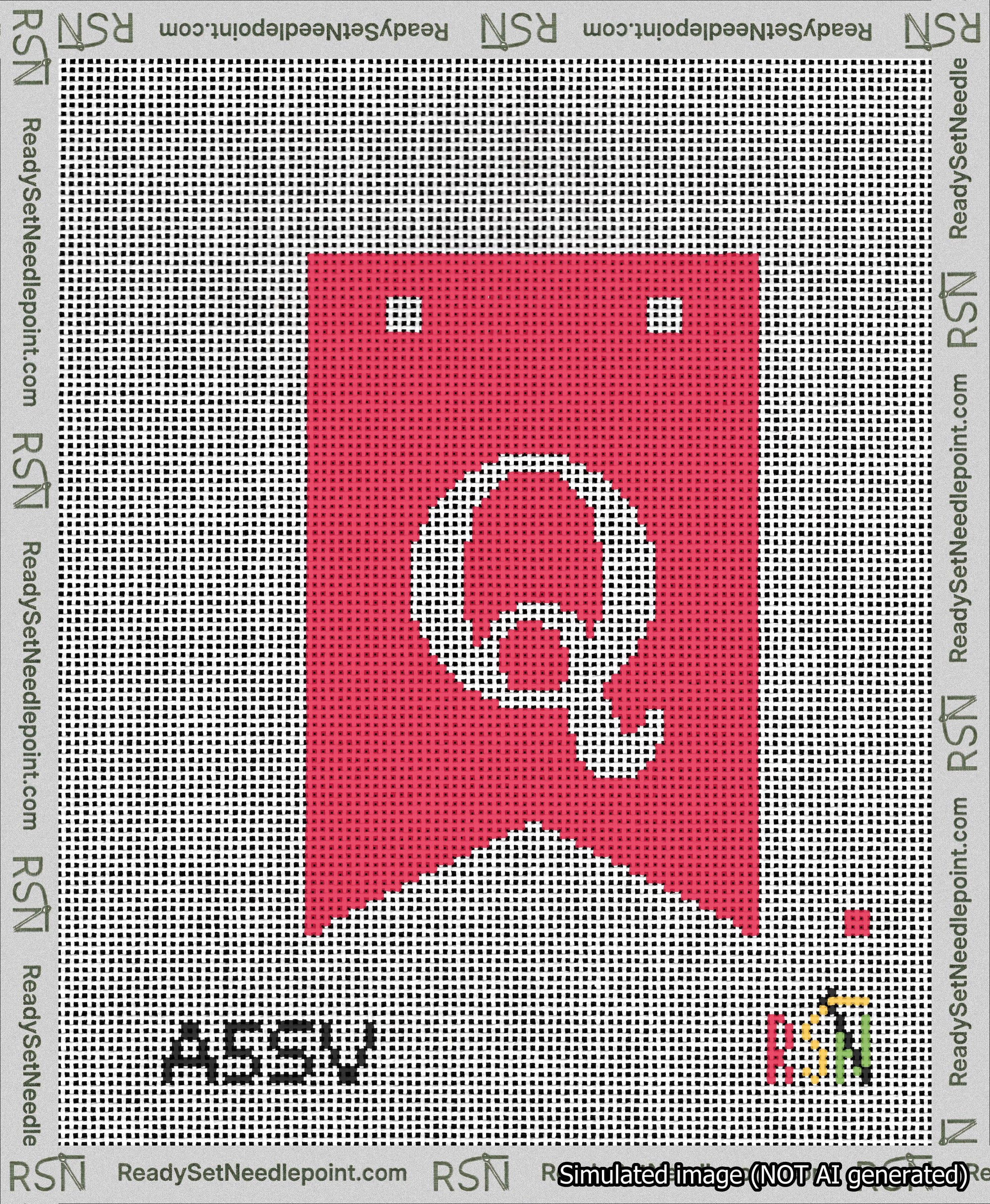 A taped needlepoint canvas with the design: Banner 13 mesh count Forked Q White on Red.