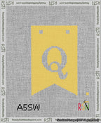 A taped needlepoint canvas with the design: Banner 13 mesh count Forked Q White on Yellow.