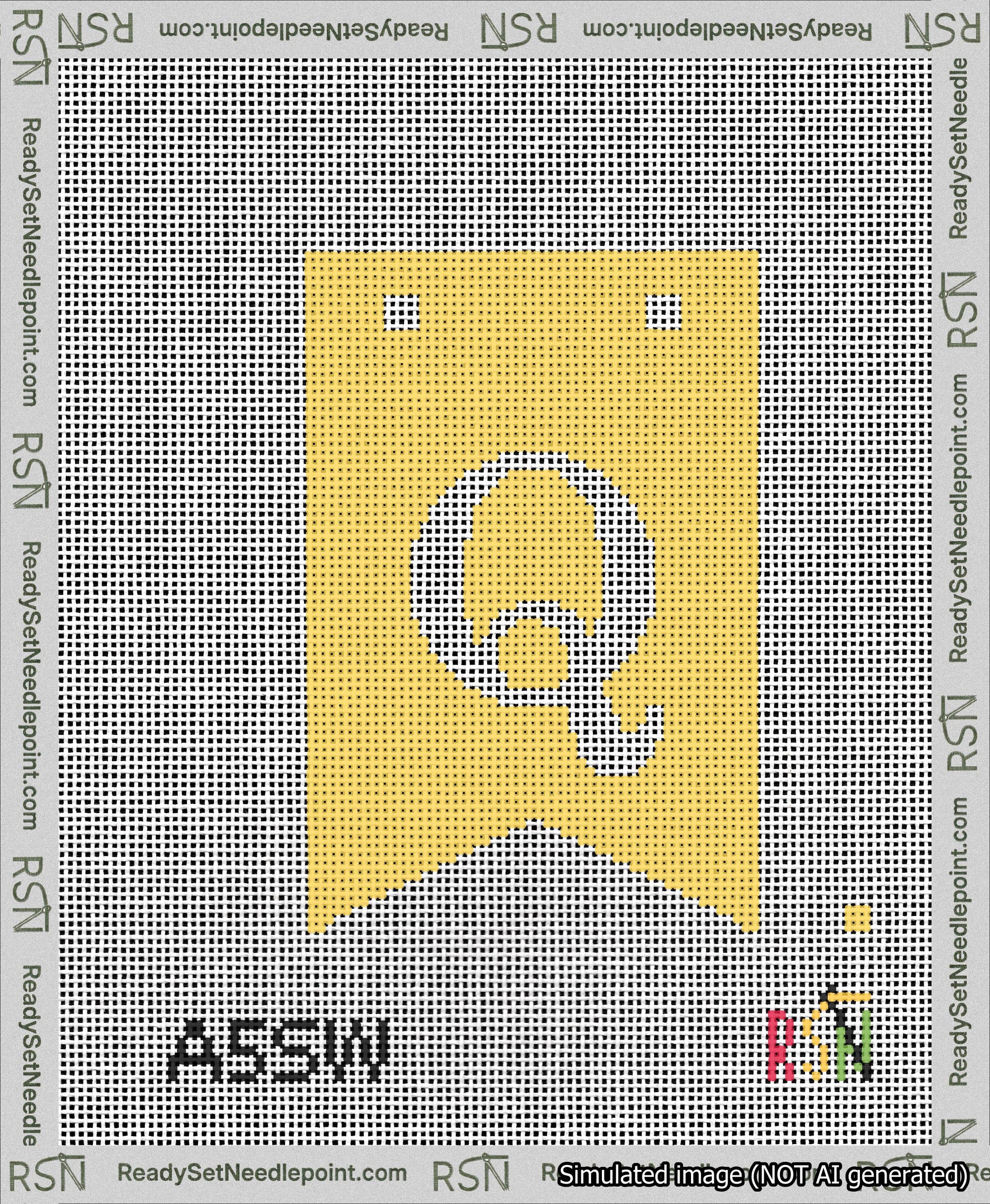 A taped needlepoint canvas with the design: Banner 13 mesh count Forked Q White on Yellow.