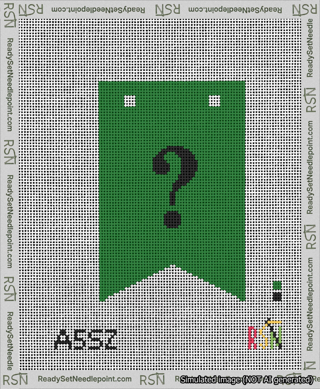 A taped needlepoint canvas with the design: Banner 13 mesh count Forked Question Black on Green.