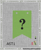 A taped needlepoint canvas with the design: Banner 13 mesh count Forked Question Black on Light Green.