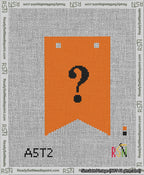 A taped needlepoint canvas with the design: Banner 13 mesh count Forked Question Black on Orange.